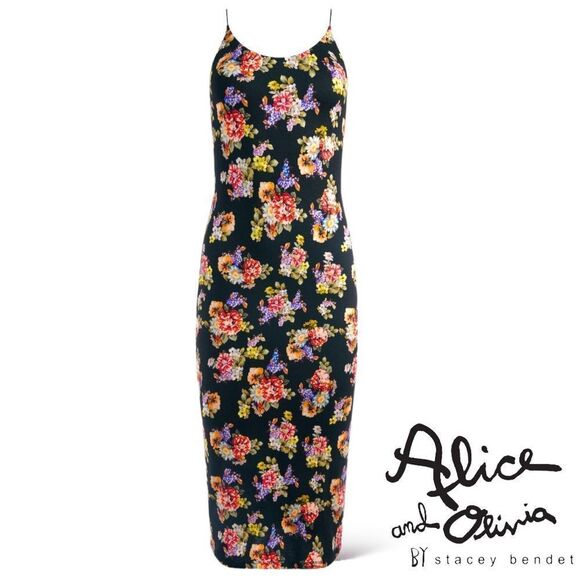 ALICE + OLIVIA *NWT* Delora Spaghetti Strap Fitted MIDI Dress in Magnolia Floral - Picture 11 of 12